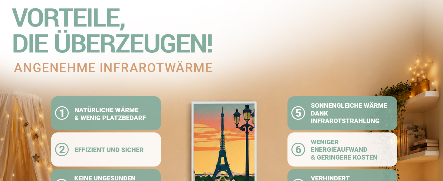 Heidenfeld HF-HP105 Infrarotheizung mit dekorativem Paris-Motiv und Vorteilen wie angenehmer Infrarotw&auml;rme, geringem Platzbedarf und Energieeffizienz.